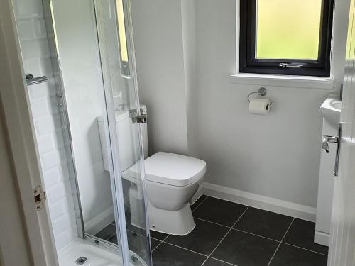 a bathroom with a toilet and a glass shower at Foxglove Lodge - Uk13448 in Halwill