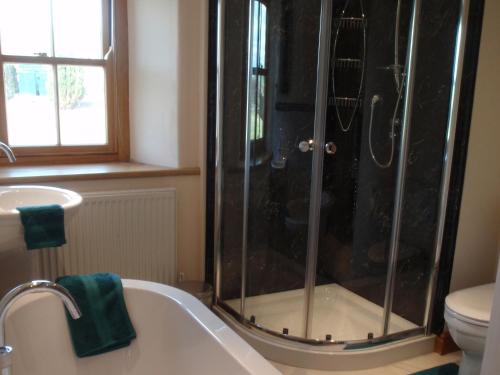a bathroom with a shower and a tub and a toilet at Gateside Farmhouse Sedbergh in Sedbergh