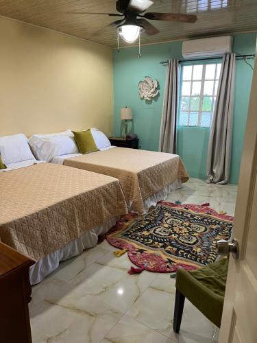 Arima的住宿－Pearls Place，一间卧室设有两张床和窗户。