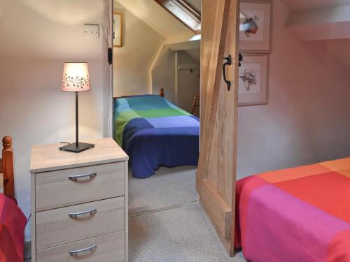 a bedroom with two beds and a mirror at Llwyn Y Brig Isaf in Trevor
