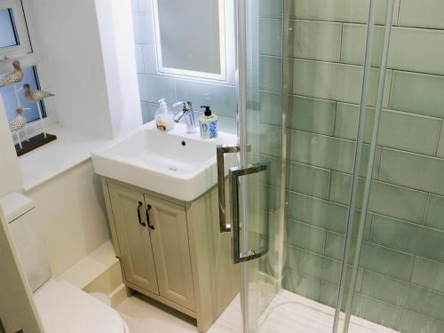 a bathroom with a sink and a shower at Nutmeg Cottage in Tideswell