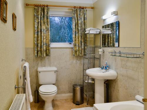 a bathroom with a toilet and a sink at Melgund Glen Lodge in Minto