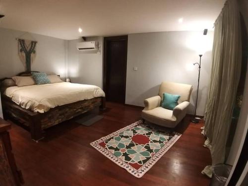 a bedroom with a bed and a chair and a rug at casa idea ubud in Ubud