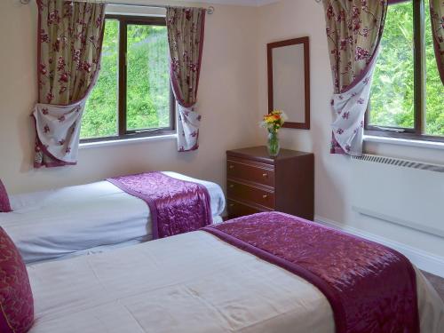 Saint CleerにあるLake View Cottage - Cv7103のベッドルーム1室(ベッド2台、鏡、窓付)