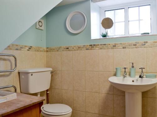 a bathroom with a toilet and a sink and a window at Caeberllan in Llanfair Caereinion