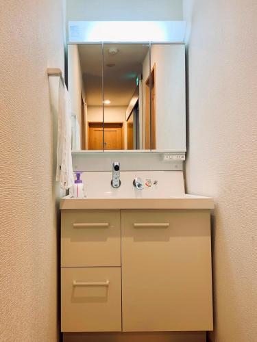 a bathroom with a sink and a mirror at K.House in Tokyo