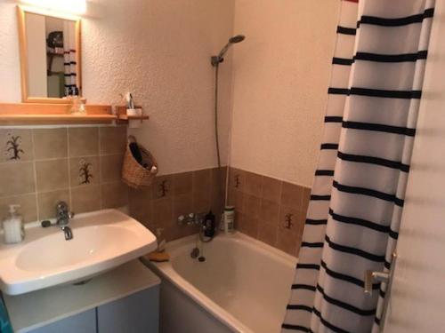 une salle de bain avec un lavabo et une baignoire dans l'établissement T2 cabine 6 pers, piscine, parking, animaux admis - FR-1-81-467, au Barcarès