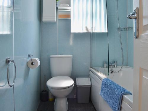 a bathroom with a toilet and a tub and a sink at Sea Haven in Heacham