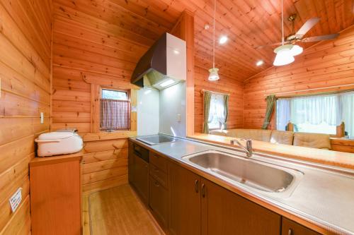 eine Küche mit einem Waschbecken in einer Holzhütte in der Unterkunft Shurin in Tsumagoi