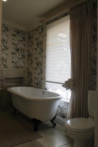 a bathroom with a tub and a toilet and a window at d Olive Rose Boutique Hotel Danielskuil in Daniëlskuil