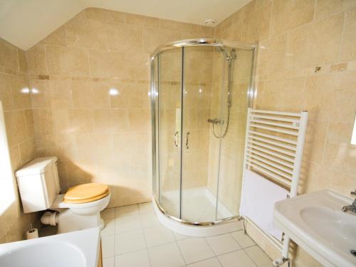 a bathroom with a shower and a toilet and a sink at Brook House Farm Cottage in Church Minshull