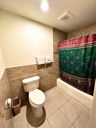 a bathroom with a toilet and a green shower curtain at Tropic West Motel in Bell