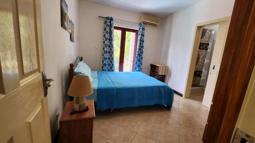 een slaapkamer met een blauw bed en een raam bij Residence Abrico in Mont Choisy