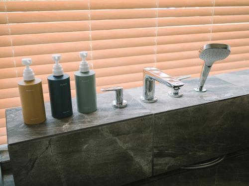a counter with two bottles of soap and a sink at SNOW PEAK FIELD SUITE SPA HEADQUARTERS in Morimachi