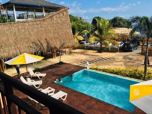 a resort with a swimming pool with chairs and an umbrella at Shima Guni Beach Club Hotel in Matara