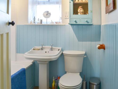 uma casa de banho com um WC e um lavatório em Tregatta Terrace em Tintagel