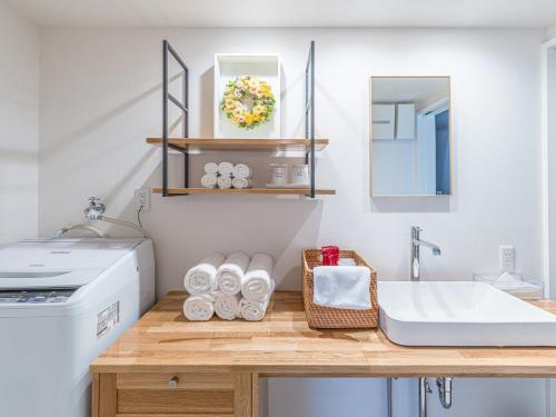eine Küche mit einer Theke mit einer Spüle und einer Waschmaschine in der Unterkunft Rakuten STAY HOUSE x WILL STYLE Matsue 101 in Matsue