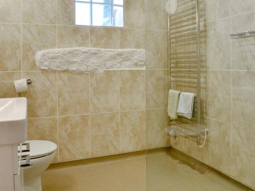 a bathroom with a toilet and a shower with towels at Dovecote-tnq in Camelford