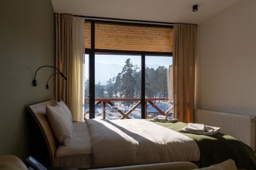 a bedroom with a bed and a large window at Hotel 1700 in Bakuriani