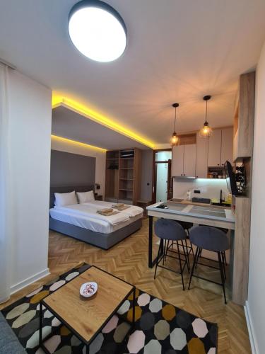 une chambre d'hôtel avec un lit, une table et des chaises dans l'établissement Apartmani Central & Free parking, à Vrnjačka Banja