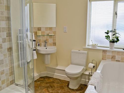 a bathroom with a toilet and a sink at Wheatsheaf Cottage in Nun Monkton