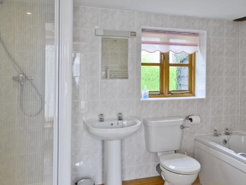 a bathroom with a toilet and a sink and a shower at Butlers Barn in Darsham