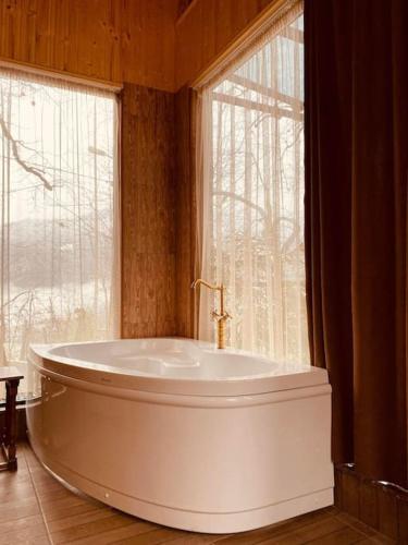 a bath tub in a bathroom with a window at Woodland house in Dzentsmani