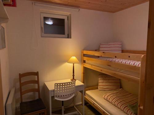 ein Schlafzimmer mit einem Etagenbett, einem Schreibtisch und einem Stuhl in der Unterkunft Bärenhütte in Turracher Hohe