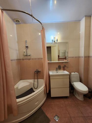 a bathroom with a tub and a toilet and a sink at Riverside Baratashvili Apartment in Tbilisi City