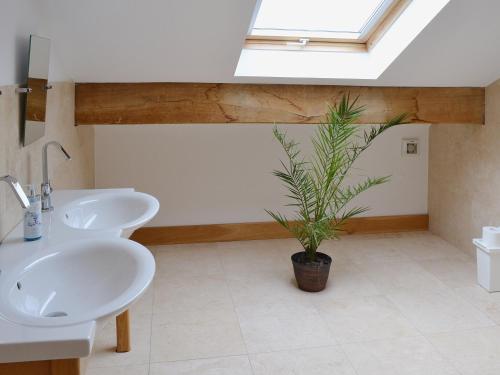 a bathroom with two sinks and a potted plant at Carr End Barn B in Preesall