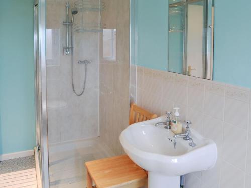 uma casa de banho com um lavatório e um chuveiro em East Sea View em Woodhorn