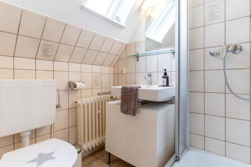 een badkamer met een wastafel en een toilet bij Haus-Springfloot-Whg-2-OG in Olsdorf