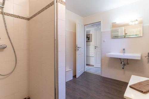 ein Bad mit einer Dusche und einem Waschbecken in der Unterkunft Haus Springfloot, Whg. 1, EG in Olsdorf