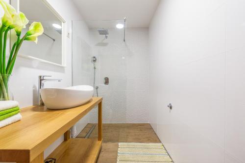 a bathroom with a bowl sink on a wooden counter at Apartmani Luka in Vir