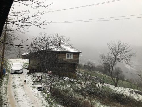 une voiture circulant sur une route enneigée à côté d'une maison dans l'établissement Tarihi Karadeniz Evi, à Ayancık