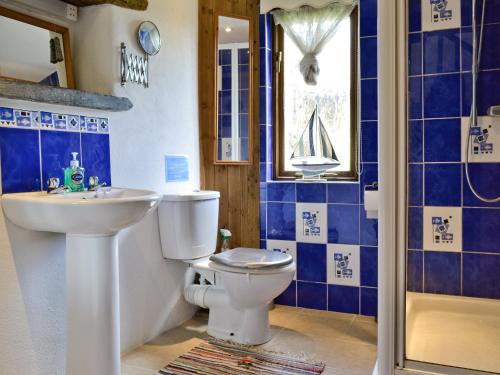 艾維布里奇的住宿－花園穀倉鄉村別墅，蓝色瓷砖浴室设有卫生间和水槽