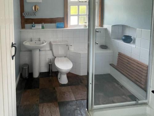 a bathroom with a toilet and a sink and a shower at Orchard Bank Cottage in Longhope