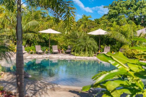 uma piscina com cadeiras e guarda-sóis em Habitation Saint Charles - Hôtel de Charme & Spa em Petit-Bourg