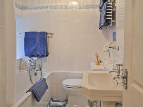 a white bathroom with a toilet and a sink at Bwthyn Bach in Caeathro