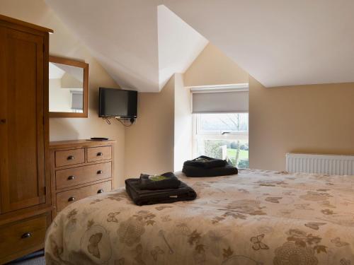 a bedroom with a bed with a dresser and a mirror at Llain Gam in Amlwch