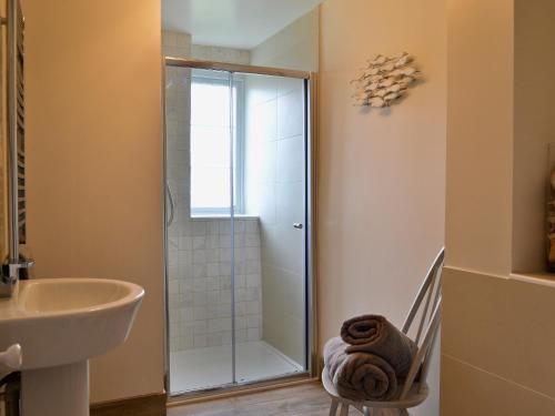 a bathroom with a shower and a sink at The Garden Cottage in Wrafton