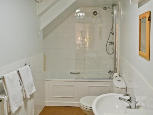 a bathroom with a sink and a shower and a toilet at Rhydlanfair Cottage in Capel Garmon