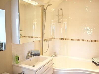 a bathroom with a sink and a shower and a tub at Little Midge Barn in Ashburnham