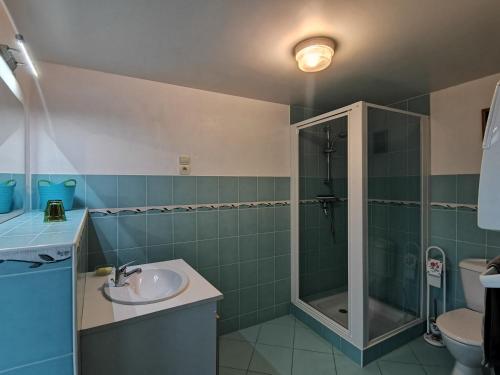 W łazience znajduje się umywalka i prysznic. w obiekcie Aux Acacias w mieście Braye-sous-Faye
