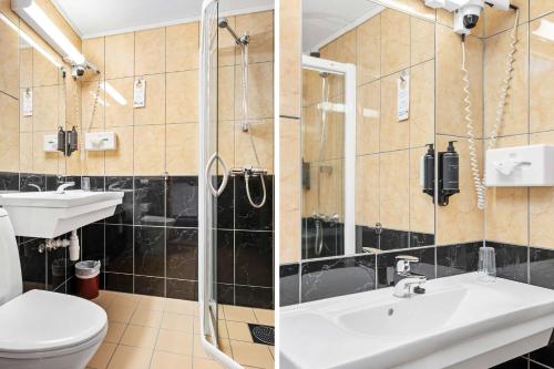 two pictures of a bathroom with a toilet and a sink at Best Western Laegreid Hotell in Sogndal