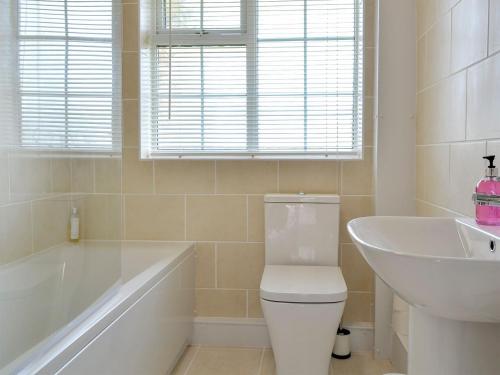 a bathroom with a tub and a toilet and a sink at Gwynt Y Mr in Tywyn