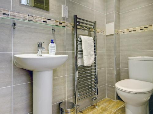 uma casa de banho com um WC, um lavatório e um chuveiro em Buzzard Cottages - 27940 em Cambusbarron