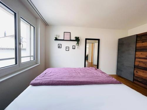 Un dormitorio con una cama grande y una ventana en New building with balcony closecentrefreeparkingsmarttv, en St. Gallen