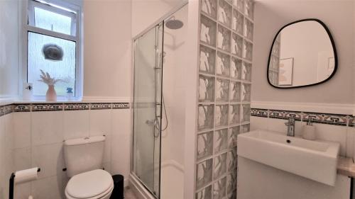 y baño con aseo, lavabo y espejo. en Lovely Seafront Apartment with Garden, en Swansea