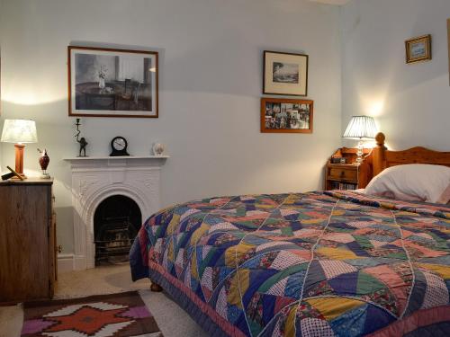 1 dormitorio con 1 cama y chimenea en Gwernol en Dolwyddelan